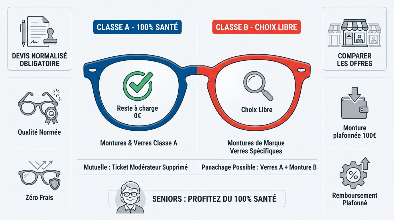 Comparaison des lunettes classe A et classe B pour le remboursement mutuelle senior