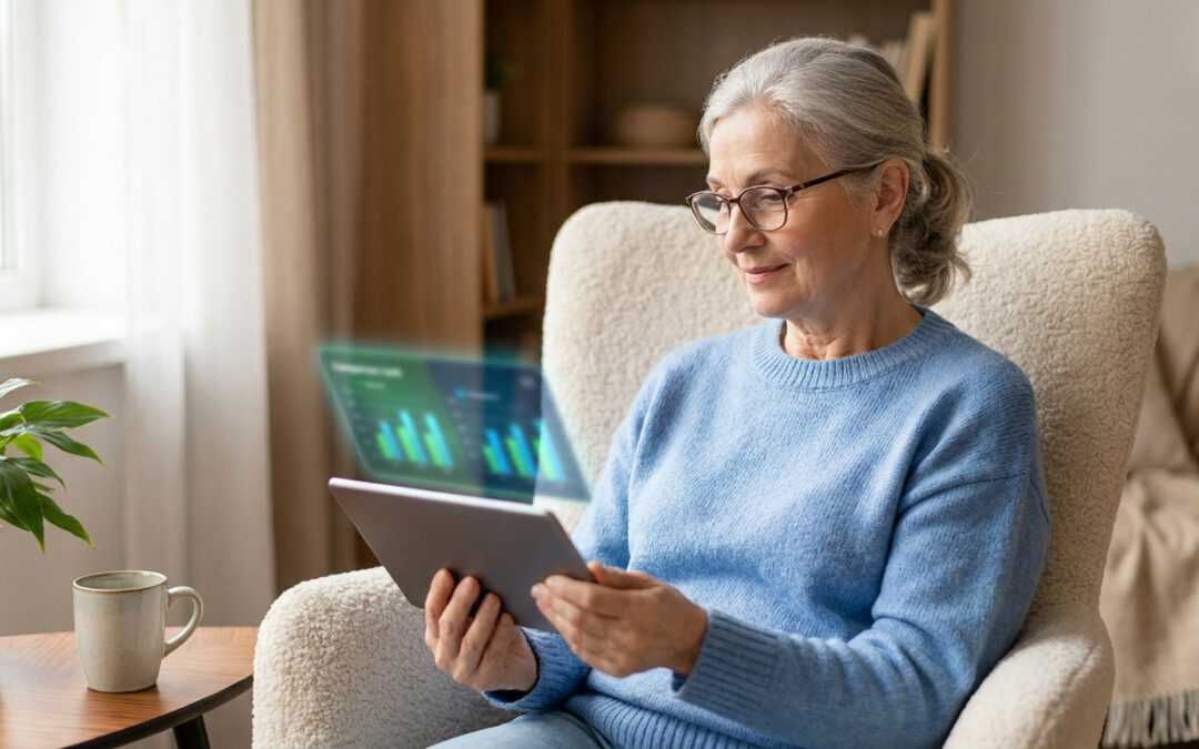 Une femme senior utilise une tablette affichant un graphique financier holographique pour comparer sa mutuelle santé.