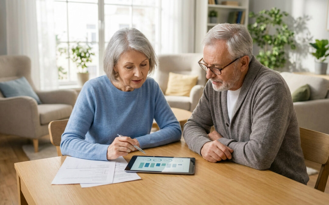 Couple de seniors assis à une table consultant des graphiques de santé sur une tablette numérique.