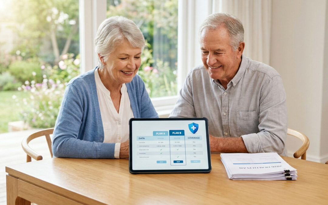 Couple de seniors examinant des options de mutuelle santé sur une tablette numérique à la maison.