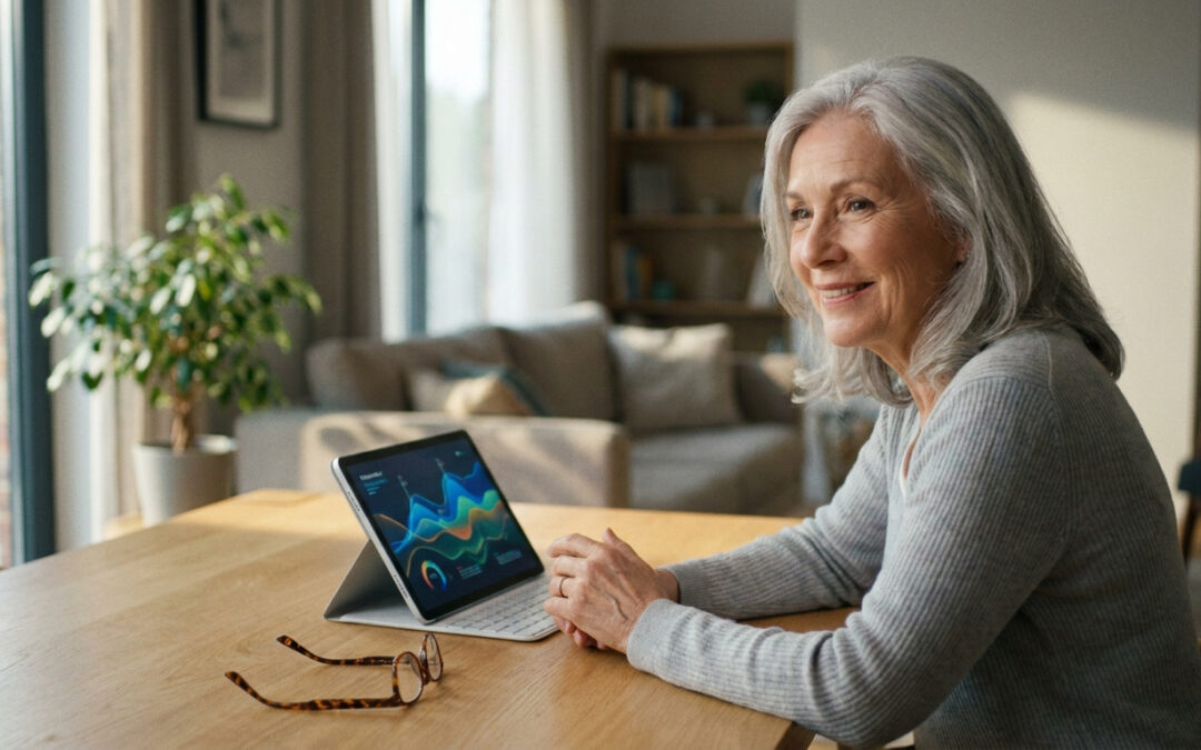 Une femme âgée souriante assise à une table en bois, regardant un graphique de santé sur une tablette numérique.