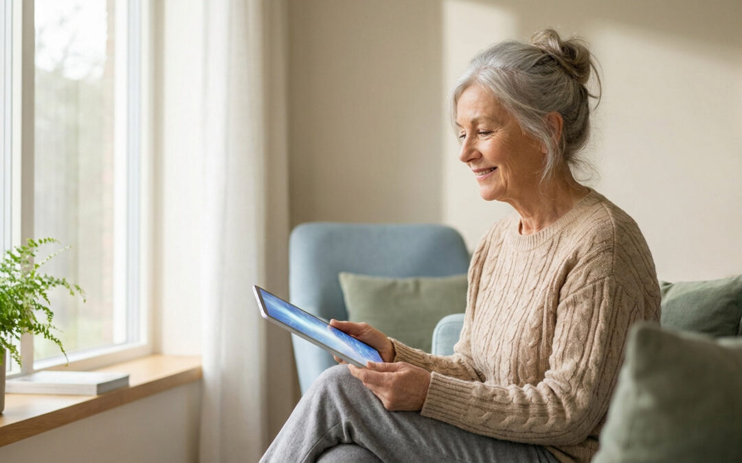 Une femme âgée souriante assise dans un salon lumineux, consultant sa tablette numérique.