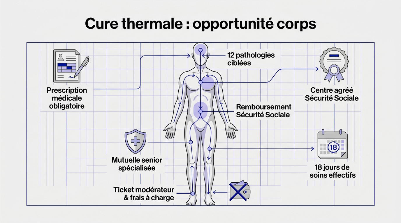 Infographie détaillant le parcours de soins pour une cure thermale senior et les étapes de remboursement