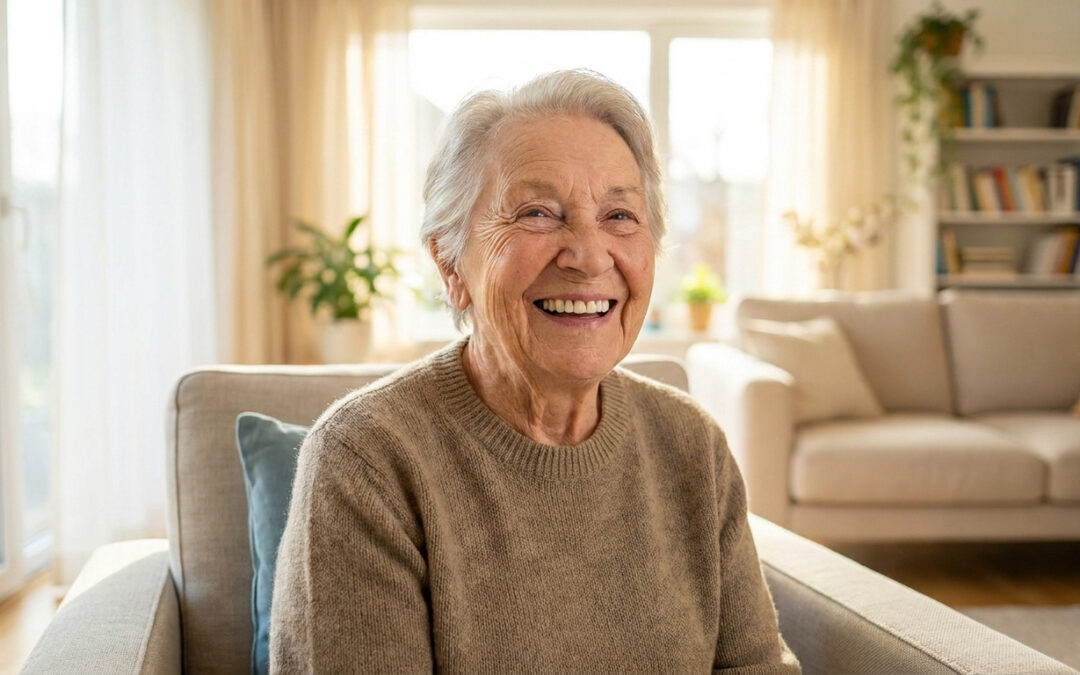 Portrait d'une femme âgée souriante et heureuse assise confortablement dans son salon lumineux.
