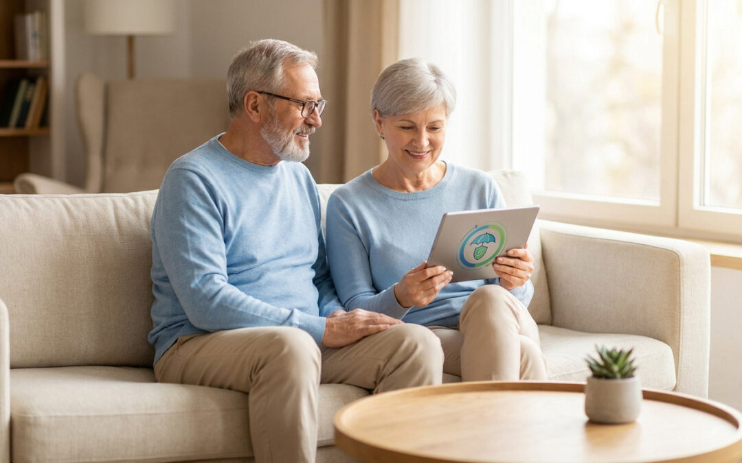 Couple de seniors souriants assis sur un canapé, consultant une tablette avec un logo d'assurance protection.