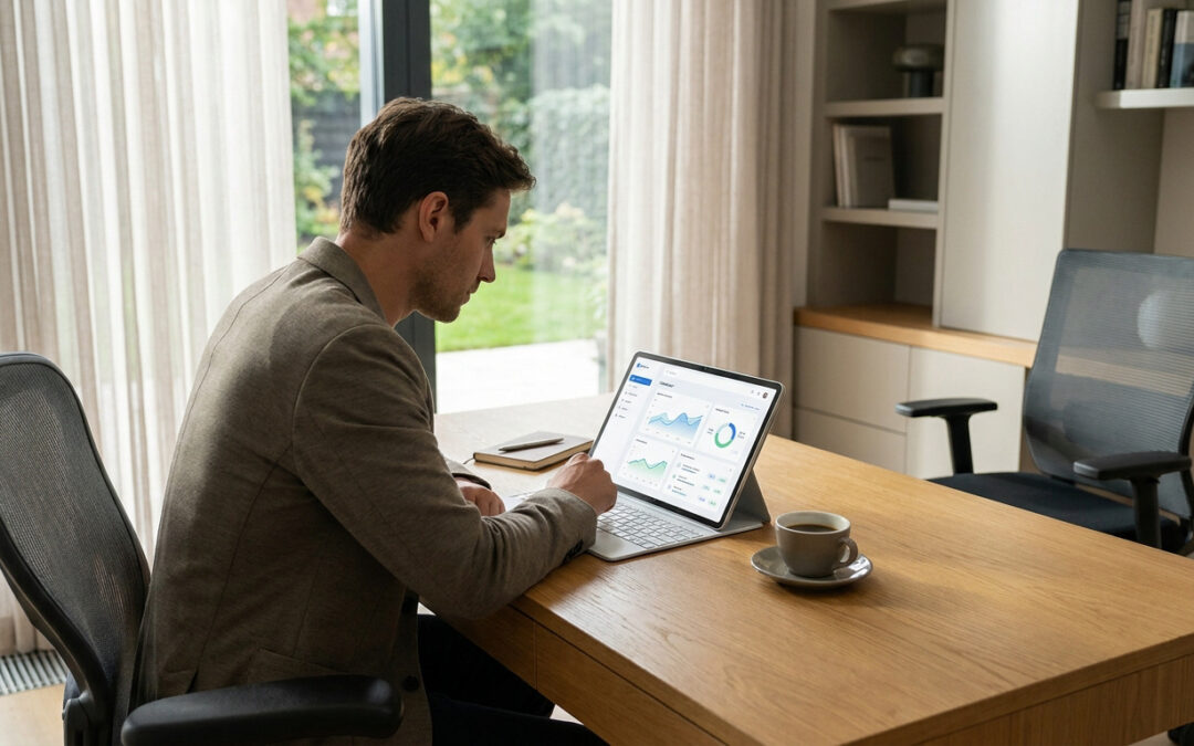 Un homme en costume assis à un bureau moderne consulte des graphiques financiers sur sa tablette tactile.