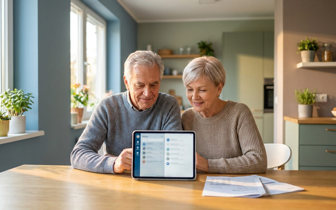 Un couple de retraités souriant regarde une tablette pour comparer des offres de mutuelle santé depuis leur cuisine.
